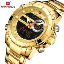 Relógio de pulso NAVIFORCE 9163 100% original aço inoxidável quartzo dourado