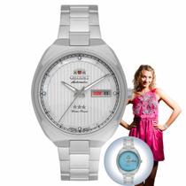 Relógio de Pulso Orient Feminino Automático Mecâmico Prova D Água 50 Metros Calendário Duplo Analógico Prata F49SS028L