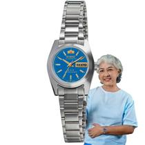 Relógio de Pulso Orient Feminino Automático Mecânico Aço Inóx Pequeno Mini Redondo Resistente Água Calendário Duplo Casual Prata 559WC8NH A1SX