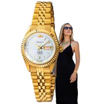 Relógio de Pulso Orient Feminino Pequeno Redondo Automático 3 Estrelas Mecânico Aço Inóx Prova Dágua 30 Metros Casual Calendário Duplo Dourado 559EB1NH B1KX