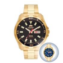 Relógio de Pulso Orient Masculino Mecânico Automático 3 Estrelas Casual Calendário Duplo Prova D àgua 100M Aço Inóx Dourado 469GP078F