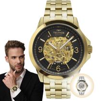 Relógio de Pulso Technos Masculino Automático Mecânico Esqueleto Redondo Prova Dágua 5 ATM Aço Inóx Casual Dourado Prata 8N24A