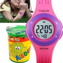 Relógio de Pulso Tuguir Feminino Infantil Prova Dágua Alarme Calendário Cronômetro Digital Rosa TG30079 + Massinha Slime Amoeba Geleca
