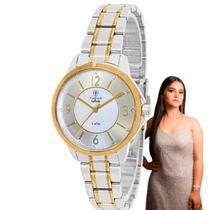 Relógio de Pulso Tuguir Feminino Infinity Analógico Aço Inóx Casual Redondo Prata e Dourado TGI37050