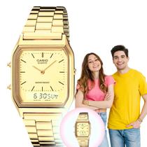 Relógio de pulso Unissex Casio Vintage Analógico Digital Masculino Feminino Retro Pulseira em Aço Inóx Dourado AQ-230GA