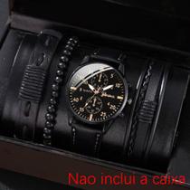 Relógio de Quartzo Casual Masculino - Pulseira de Couro Vintage com Bracelete Estiloso para Uso Diário Modelo:Kit Preto Relógio de Quartzo Casual Masculino - Pulseira de Couro Vintage com Bracelete Estiloso para Uso Diário Modelo:Kit Preto