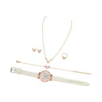 Relógio De Quartzo Feminino Com Padrão De Borboleta Rosa E Conjunto De Joias De 5 Peças, Estilo