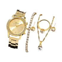 Relógio de Quartzo Feminino com Strass, Aço, Colar, Brincos, Anel e Pulseira Relógio de Quartzo Feminino com Strass, Aço, Colar, Brincos, Anel e Pulseira
