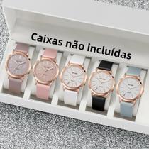 Relógio De Quartzo Feminino Da Moda 5 Peças Mostrador Simples Casual Pulseira De Couro Relógio De - others