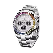 Relógio De Quartzo Masculino Com Bezel Arco-Íris Em Aço Inoxidável 100M Resistente À Água Cronógrafo Relógio De Quartzo Masculino Com Bezel Arco-Íris Em Aço Inoxidável 100M Resistente À Água Cronógrafo