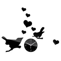Relógio Decorativo Parede Pássaros Acrílico Sala Preto