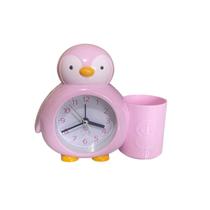 Relógio Despertador de Mesa c/ Porta caneta Pinguim Rosa