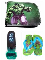 Relogio didgital a prova d agua mais chinelo e carteira do HULK , tudo de bom para seu filho