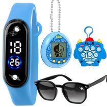 Relógio Digital + 2 Chaveiros Popit Azul + Óculos Sol