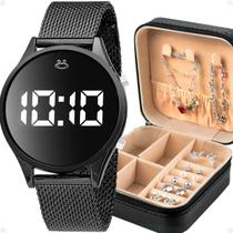 relogio digital aco feminino + colar pulseira + porta joia black piano original led casual ajustavel presente silicone
