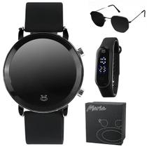 relogio digital aço inox + caixa + oculos protecao uv silicone presente pulseira ajustavel redondo social casual preto