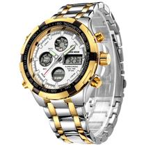 Relógio digital analógico de luxo em aço inoxidável GOLDEN HOUR para homens à prova d'água