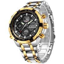 Relógio digital analógico de luxo em aço inoxidável GOLDEN HOUR para homens