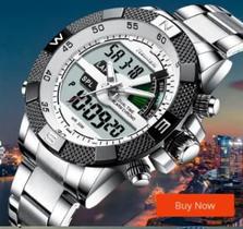 Relógio digital analógico masculino, relógio de pulso digital esportivo luxuoso à prova d'água de aço inoxidável