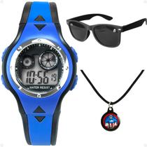 relogio digital azul infantil + oculos proteção uv + colar preto heroi capitão america ajustavel led