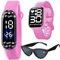 Relogio Digital Barbie Infantil Rosa + Oculos Proteção UV resistente formato gatinho pulseira ajustavel menina presente