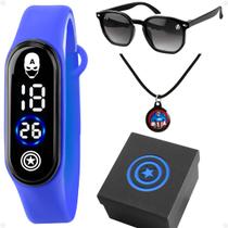 Relogio Digital Capitão América + Oculos + Colar + Caixa silicone menino esportivo led azul original ajustavel preto