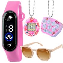 Relógio digital + chaveiro popit + bichinho virtual + oculos pulseira ajustavel criança rosa menina