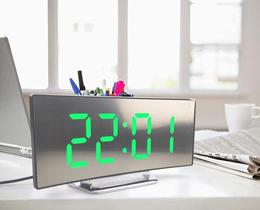 Relógio Digital Curvado de Mesa Cama Led LCD Espelhado Despedrador Sono Alarme