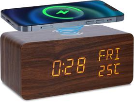 Relógio Digital De Madeira Carregador Por Indução Controle De Voz Data Hora Temperatura 3 alarmes sensor liga e desliga Relógio Digital De Madeira Carregador Por Indução Controle De Voz Data Hora Temperatura 3 alarmes sensor liga e desliga