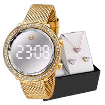 Relogio Digital Feminino Aço + Caixa + Colar Strass Brinco