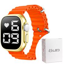 Relógio digital feminino aço inox ultra silicone led + caixa original laranja presente dourado