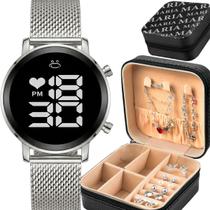 Relogio Digital Feminino Aco + Pulseira Colar prata original inoxidavel black piano presente casual silicone ajustavel