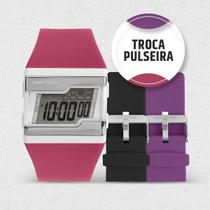 Relógio Digital Feminino de Pulso Troca Pulseira com Kit 3 Pulseiras de Silicone Rosa, Roxo e Preto Luxo Elegante Fashion Mormaii