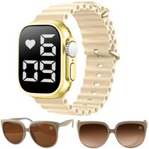 Relógio digital feminino display LED inovador + oculos sol polarizado fashion marrom premium - Orizom