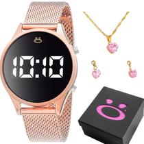 Relogio digital feminino led + colar strass + brinco delicado social silicone presente original led pulseira ajustavel