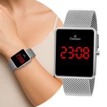 Relógio Digital Feminino Prata de Pulso com Pulseira de Aço Inoxidável Quadrado Luxo Elegante Fashion Champion