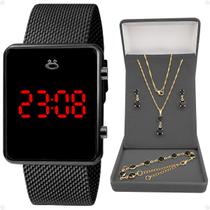 Relogio Digital Feminino Preto + Brincos + Colar Strass quadrado pulseira ajustável casual social presente silicone Relogio Digital Feminino Preto + Brincos + Colar Strass quadrado pulseira ajustável casual social presente silicone