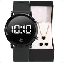 Relogio digital feminino preto + colar pulseira ajustável qualidade premium silicone social redondo presente preto