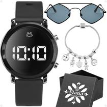 relogio digital feminino preto + oculos sol Losango moderno proteção uv + pulseira pandora + caixa presente mulher top