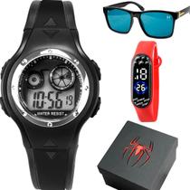 relogio digital homem aranha infantil + caixa + oculos sol preto esportivo ajustavel original data criança silicone luz