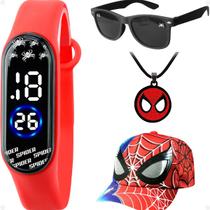 Relógio Digital Infantil à Prova dÁgua Óculos de Sol Anti UV Boné Premium Colar e Pingente Menino Aranha Kit Temático Herói