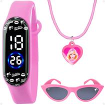 relogio digital infantil barbie + oculos proteção uv + colar menina criança qualidade premium pulseira ajustavel rosa - Orizom
