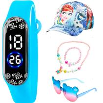 Relogio digital infantil + bone + colar pulseira azul esportivo criança presente original silicone acetato colorida luz