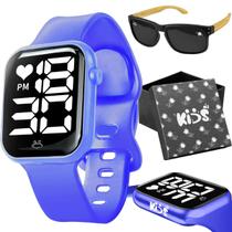 Relógio digital infantil + Caixa azul pulseira ajustavel presente menino qualidade premium criança haste madeira