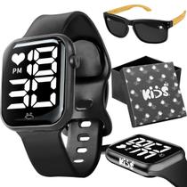 Relogio Digital Infantil + Caixa + Oculos UV Proteção Sol qualidade premium presente haste madeira criança menino preto
