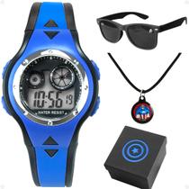 Relogio Digital Infantil + Colar Caixa + Oculos Proteção UV capitão america led social original presente ajustavel azul