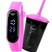 relogio digital infantil + copo prova dagua mulher maravilha rosa presente qualidade premium original data silicone