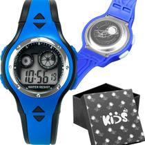 Relogio Digital Infantil Crianca Ajustavel Silicone + Caixa azul esportivo menino alarme original presente led preto