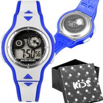 Relogio Digital Infantil Crianca Azul Led + Caixa alarme adolescente presente cronometro branco pulseira ajustavel data
