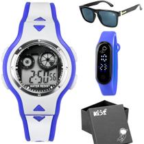 relogio digital infantil led criança + oculos sol adolescente azul alarme menino pulseira ajustavel esportivo branco